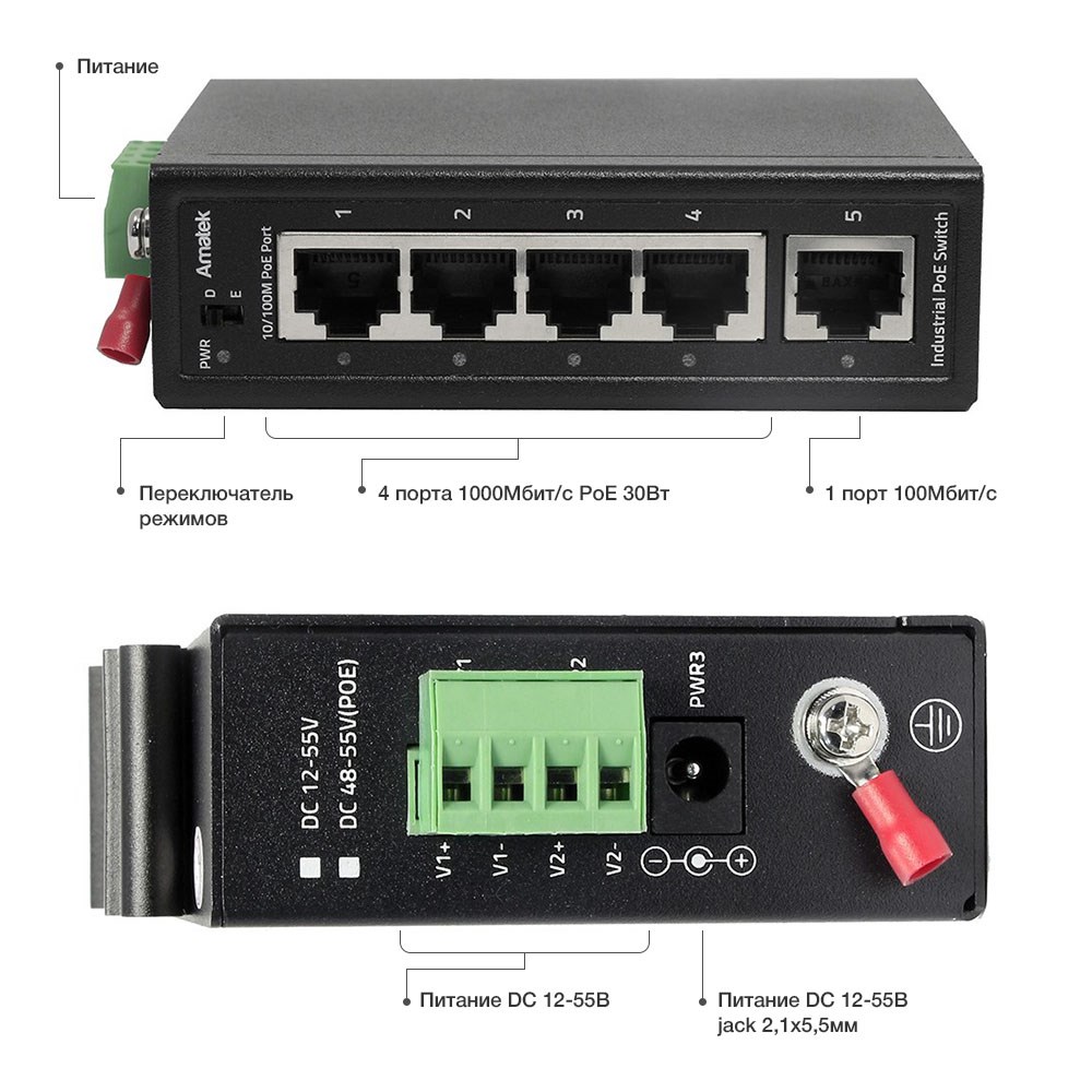 AN-SX5P4 - промышленный 5-портовый коммутатор с PoE до 120Вт